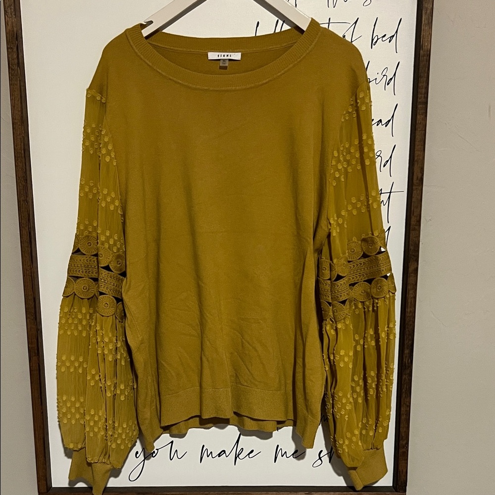 Free People Inspired Mustard Embroidered Sleeve Sweatshirt